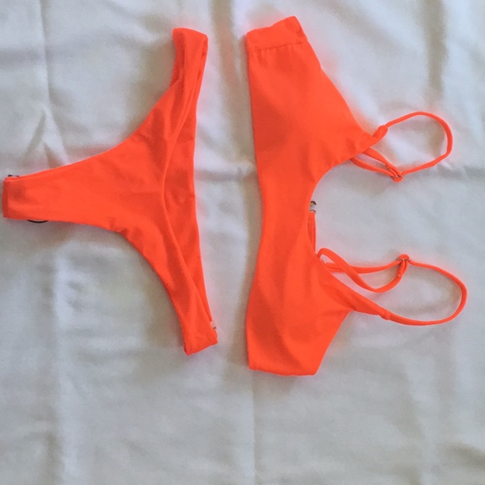 Neon orange bikini thong  size small bottoms, clip back size medium top by Shein